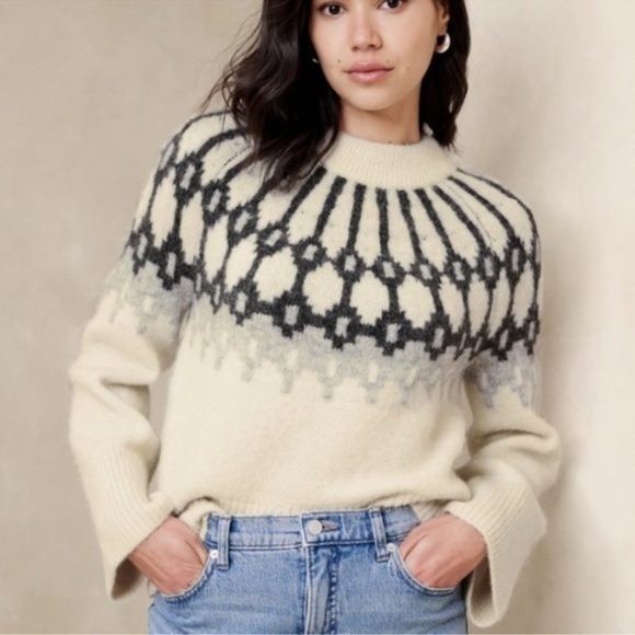 Banana Republic Fair Isle Mock-Neck Alpaca Sweater in Transition Cream size XL - Picture 1 of 14